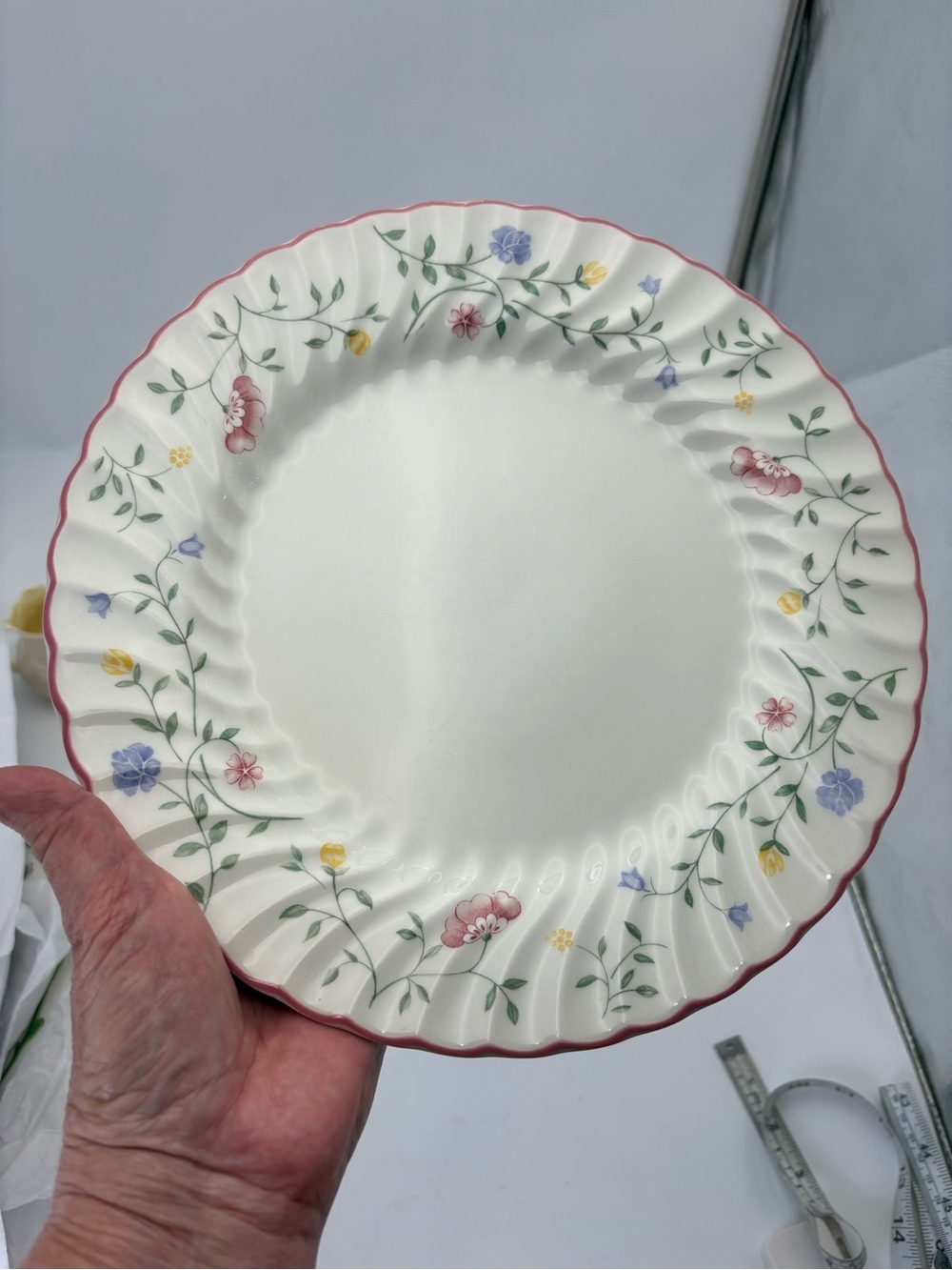 Johnson Brothers Summer Chinz Dinner Plate with Pink Rim and Floral Border